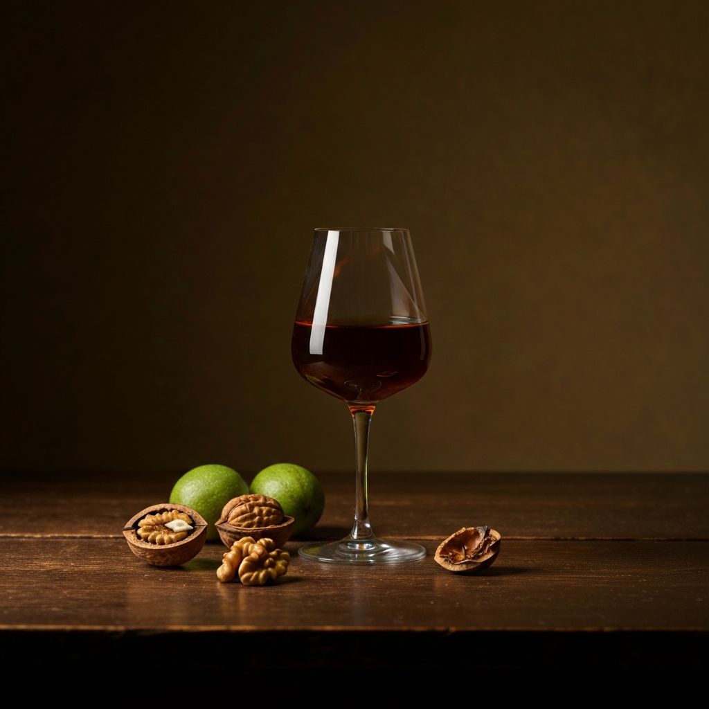 Bicchiere di nocino con noci verdi